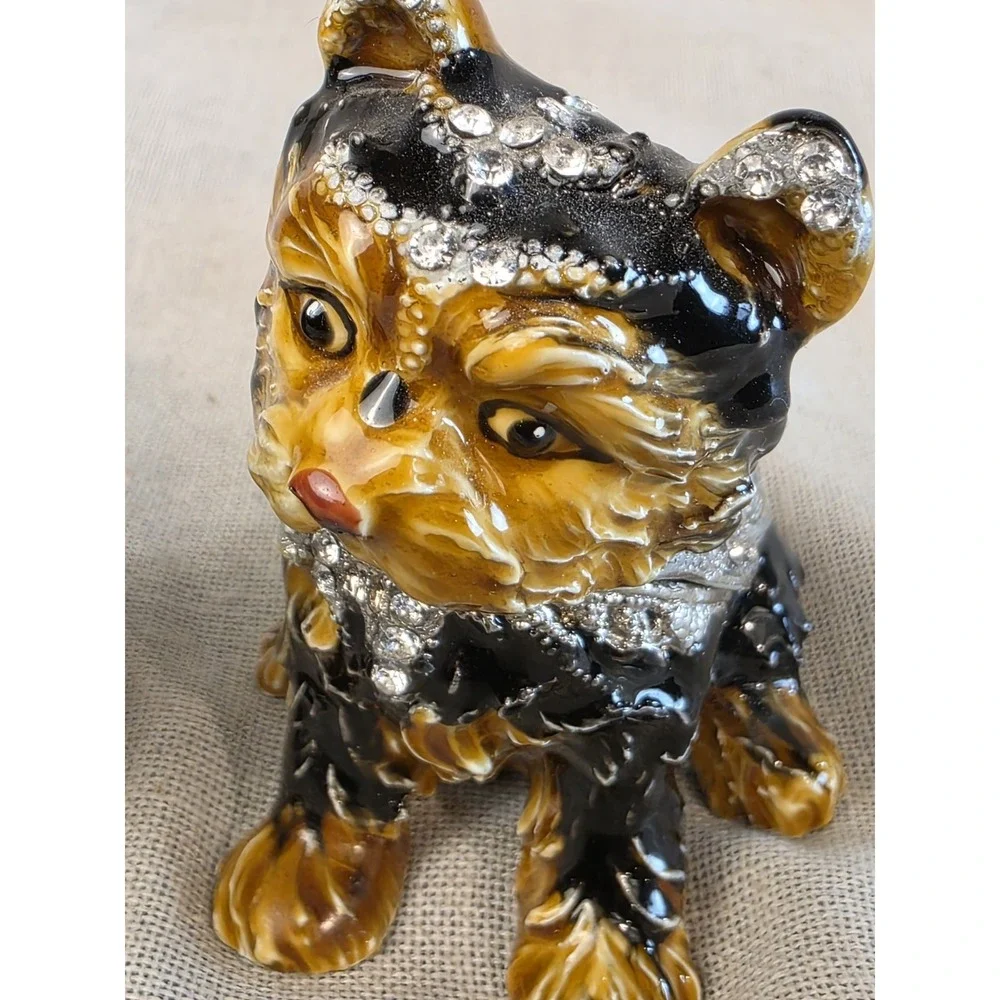 Vintage Yorkie Bejeweled Enamel Fabrege Style Hinged Trinket Boxes Perfect!